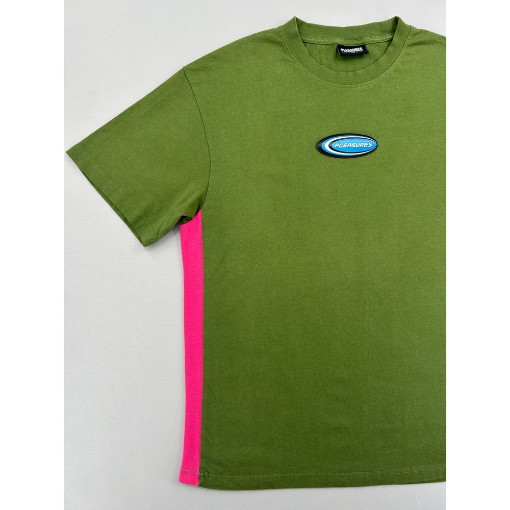 Pleasures Mens T-Shirt Large Olive Green Pink Side Stripe Rubber Logo Streetwear